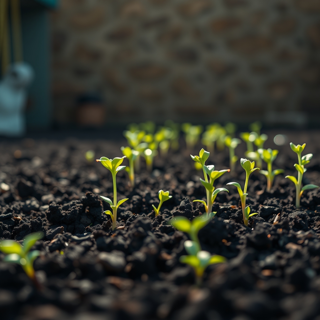 seedlings sprouting in rich dark soil